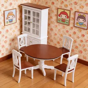 1:12 Scale White Dining Table Chairs and Sideboard 6Pcs Set Furniture Model Restaurant Scene Decor Prop Christmas Easter New Year Gift