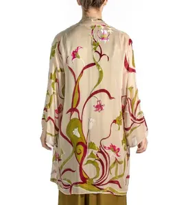 White Floral Print Rayon & Silk Burnout Velvet Robe