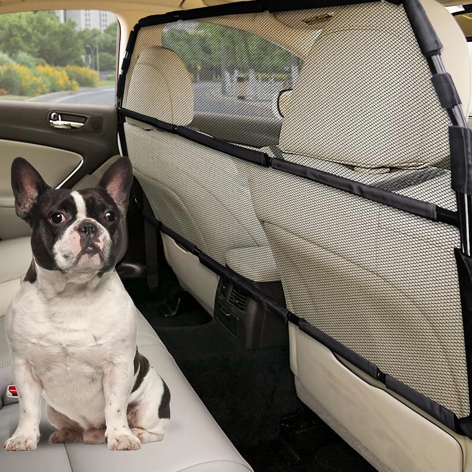 Escape-Proof 50 inches Car Divider, 50" Wide Dog Car Barrier for 2nd-3rd Row Seats & Cargo Area, Durable See-Through Net Mesh Back Seat Trunk Barrier for Small Trucks, SUVs & Mid-Sized Vehicles, Small Trucks Suv & Mid-Sized Vehicle