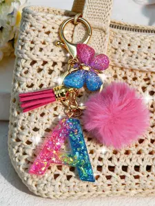 Women's A-Z Initial Keychain, Sexy Butterfly Design, Crystal Drip Glue Gold Foil, Car Keys Pendant, Purse Gift, Letter Pattern, Fuzzy Keychain, Fashionable Alloy Keychain, Stylish Keychain, Trendy Cute Keychain