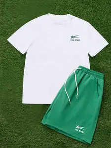 Two-Piece Set Men's Star Print Short Sleeve Tee & Pocket Drawstring Waist Shorts Set, Loose Casual Round Neck T-shirt & Shorts, Men's Summer Clothes, Casual Outfit Set, Menswear