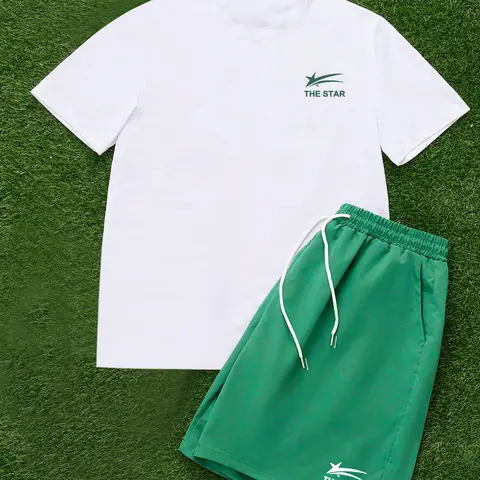 Two-Piece Set Men's Star Print Short Sleeve Tee & Pocket Drawstring Waist Shorts Set, Loose Casual Round Neck T-shirt & Shorts, Men's Summer Clothes, Casual Outfit Set, Casual Style Set, Menswear