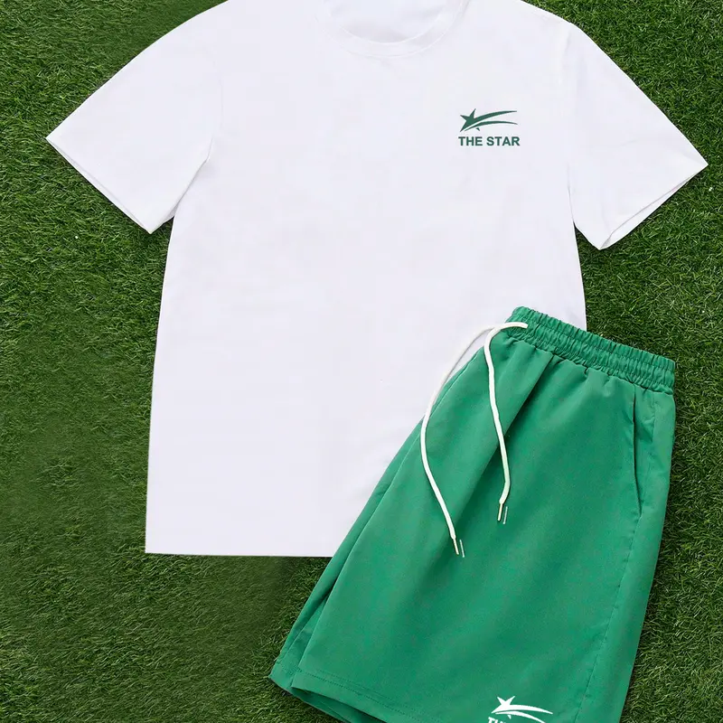 Two-Piece Set Men's Star Print Short Sleeve Tee & Pocket Drawstring Waist Shorts Set, Loose Casual Round Neck T-shirt & Shorts, Men's Summer Clothes, Casual Outfit Set, Casual Style Set, Menswear