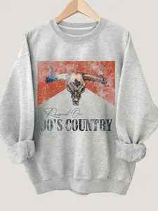 90s Country Western Bull Graphic Retro Fitted Women Sweatshirt, Women's Casual Dropped Shoulder Crew Neck Long Sleeve Pullover
