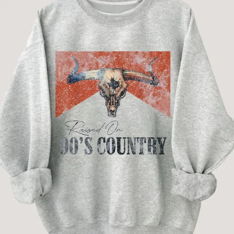 Women's 90s Country Western Bull Graphic Sweatshirt, Retro Aesthetic Fitted Streetwear, Casual Sweatshirts, Casual Everyday Dropped Shoulder Crew Neck Long Sleeve Pullover