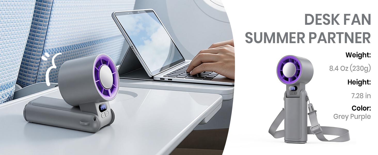 Benazcap Portable Handheld Turbo Fan 1-199 Speed Adjustable LED Display High-Power Motor Rechargeable Battery 4 IN 1 Pocket Design Mini Fans for Indoor Outdoor Travel Work Grey Purple