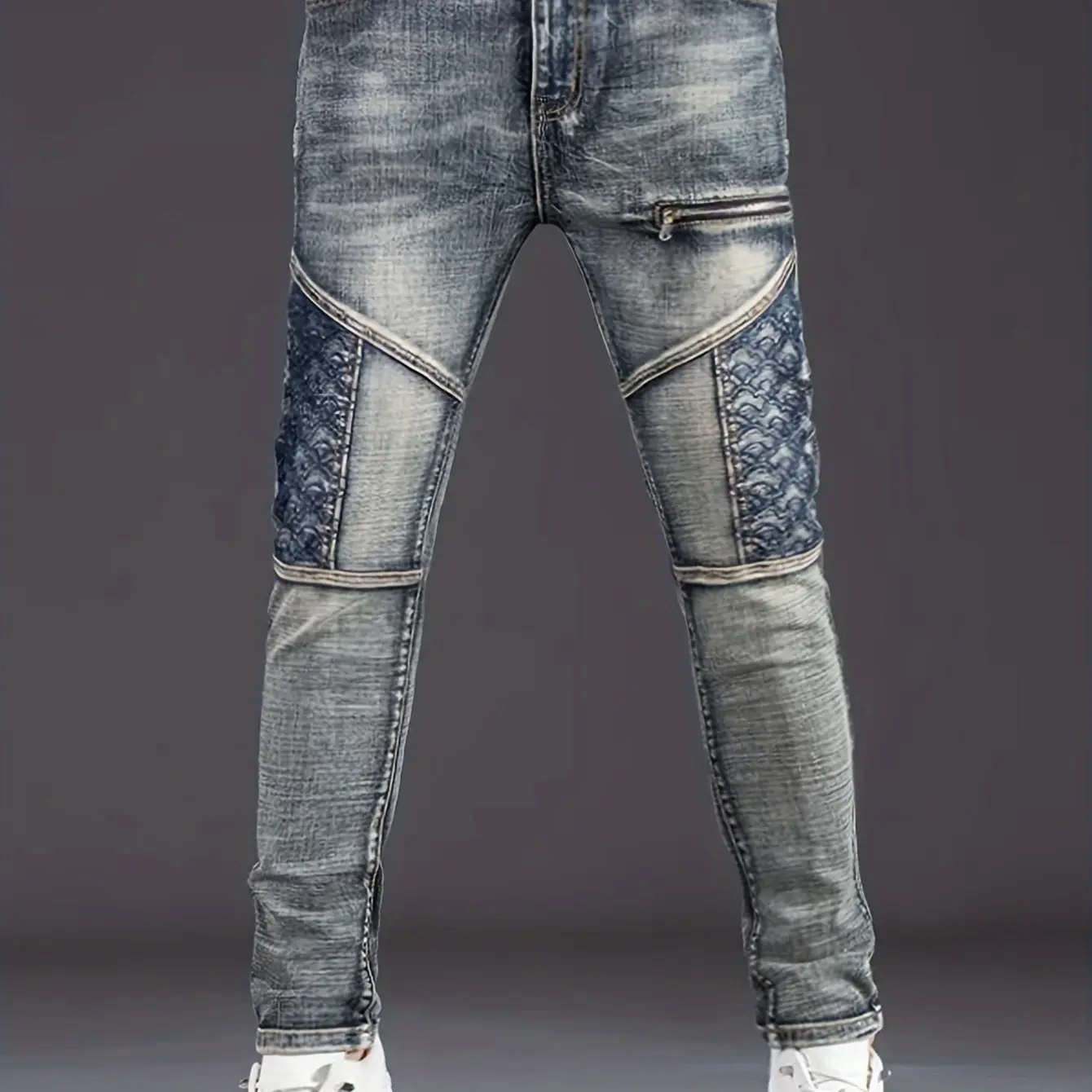 Men's Cotton Jeans - Slim Fit Distressed Streetwear Denim with Patchwork and Embellished Zip Details, Sizes S, M, L