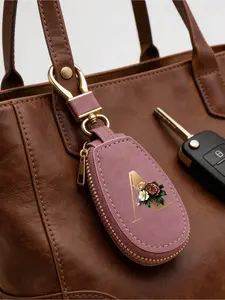 Unisex Multifunctional Key Holder With Gold 26 Letters A-Z Pattern, Zipper Key Organizer Pouch, Floral Design, PU Leather-Like Material, Zipper Pocket, Car Key Holder, Compact Key Wallet, Travel Accessory, Suitable For Home, Office, Travel, Car