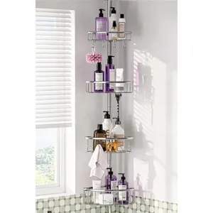 Corner Shower  Tension Pole: Stainless Steel Rustproof 4-Tier Shower Organizer - -121 inch Adjustable Bathroom Shelves for Bathtub Shampoo Storage - Tension Rod Floor Standing Bath Rack -