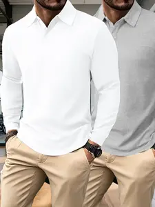 2pcs Solid Color Plain Polo Shirts for Men, Long Sleeve Casual Sportswear, Slim Fit Collared Top, All-Season Clothing