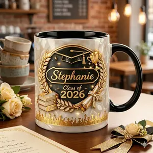 Personalized Graduation Class of 2026 Mug, 2D Printed 3D Effect Gold Marble Ceramic Coffee Cup with Diploma and Cap, Custom Name Graduate Mug for Daughter Sister or Bestie, Perfect University Celebration Birthday Gift