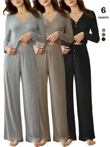 2026 Spring Summer Women's Henley Neck Solid Knit 2 Piece, Long Sleeve Top & Button Fly Wide Leg Pants Set, Soft Skin-Friendly Loungewear for Casual Daily Wear