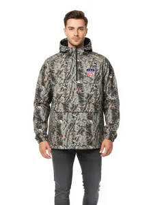 Men’s Jungle Camo Anorak Windbreaker  Half-Zip Hooded Jacket with Front Pocket - Lightweight Outdoor Coat