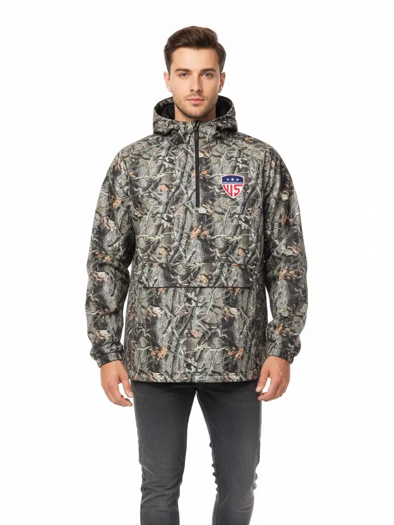 Men’s Jungle Camo Anorak Windbreaker  Half-Zip Hooded Jacket with Front Pocket - Lightweight Outdoor Coat