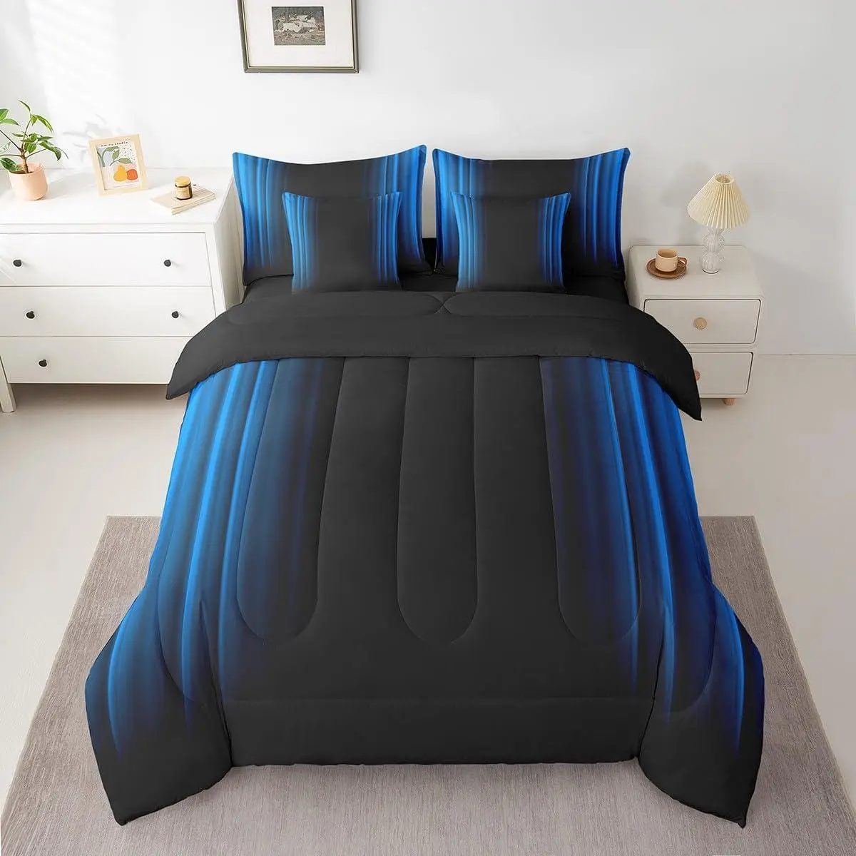 Geometric Abstract Ombre Comforter Set with Sheets Kids Teens Blue and Black Striped Bedding Bed Set Decor Modern Fashion Bed in a Bag Bedroom Collection
