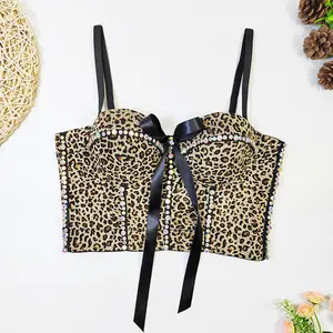 Tank Tops Short Corset Summer Spring Rave Outfits Woman Clothing Hand-Stitched Rhinestone Bow Leopard Sling Bra Blusas  Vest Sexy Outwear Inner Clothes Hot Wedding Party High Qaulity Blind Date Stage Party Shaper Ladies Crop Shirt Tube Tops