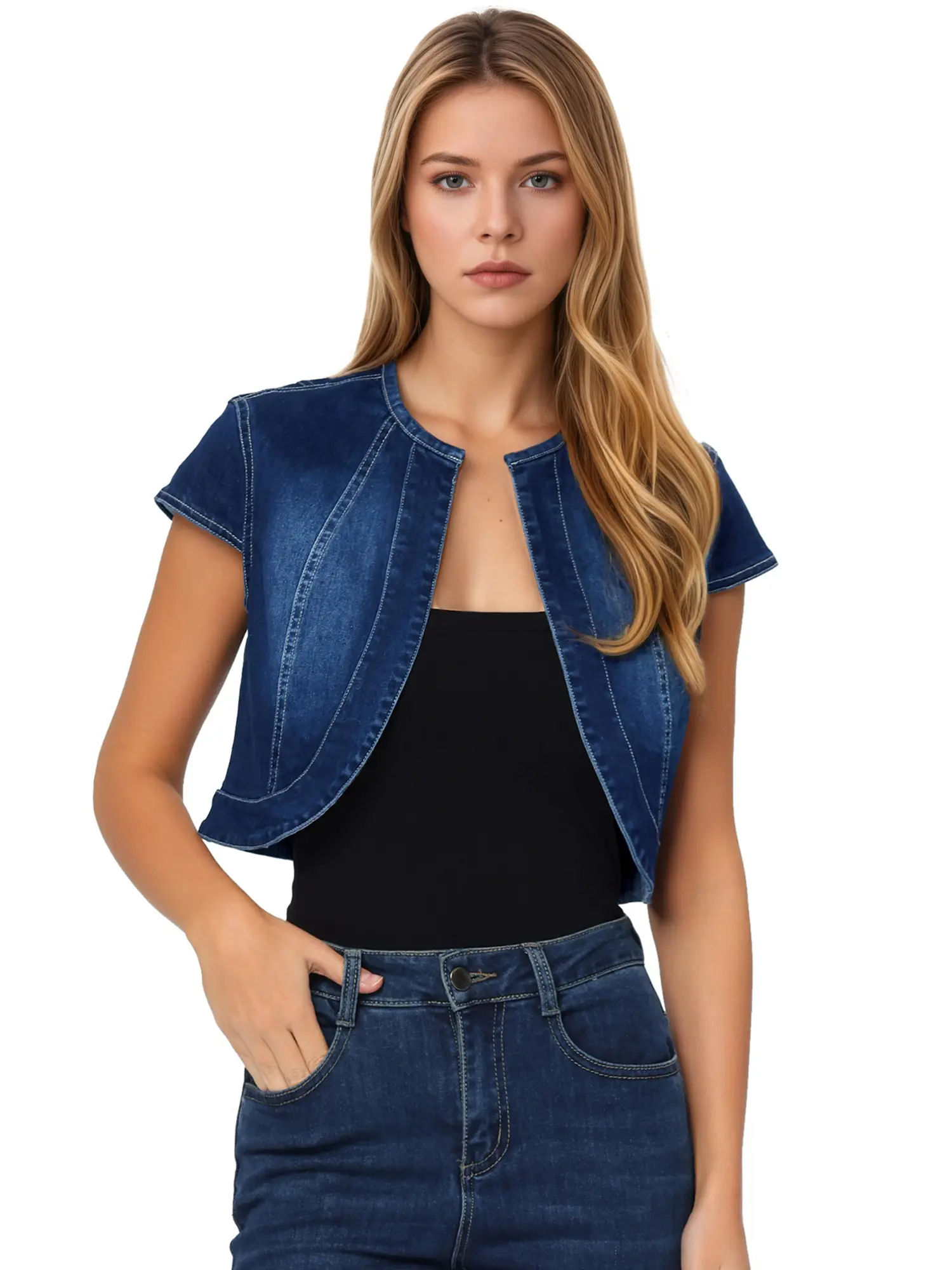 INSPIRE CHIC Crop Denim Cap Sleeve Slim Fit Summer Jean Jacket INSPIRE CHIC Crop Denim Cap Sleeve Slim Fit Summer Jean Jacket