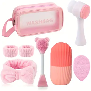 8-Piece Silicone Skincare Set with Ice Roller & Cold Mask, Facial Spa Kit with Soft Headband, Cleansing Brush, Exfoliating Brush, Pore Cleaner, Facial Care Tools
