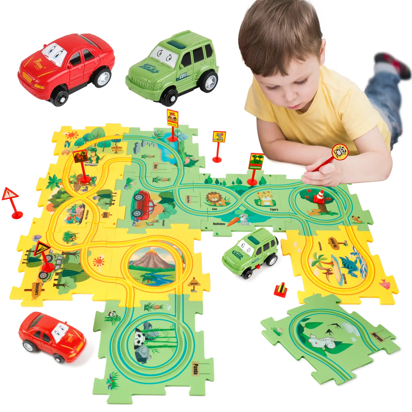 Plastic Floor Puzzles for Kids with 2 Cute Vehicles, Puzzle Racer Kids Car Track Set, Montessori Toys for 3 4 5 6 Year Old Boys, Gifts for 3 4 5 6 Year Old Boys, Toys for Ages 2-4