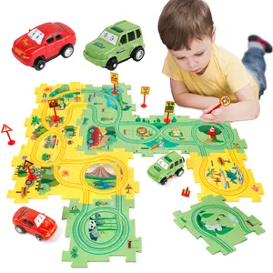 Plastic Floor Puzzles for Kids with 2 Cute Vehicles, Puzzle Racer Kids Car Track Set, Montessori Toys for 3 4 5 6 Year Old Boys, Gifts for 3 4 5 6 Year Old Boys, Toys for Ages 2-4