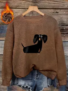 Women's Fall Winter Round Neck Fitted Faux Fur Top, Plush Warm Soft Skin-Friendly, Cute Sausage Dog Print, Casual Daily Wear