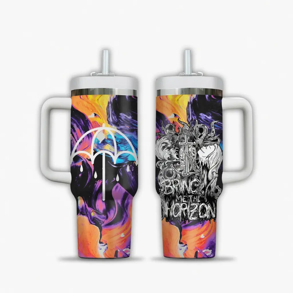 40oz Sturdy Reusable Stainless Steel Coffee Flask - Bring Me The Horizon V2 Tumbler, Motionless In White Amira Elfeky Ascenscion Program, Insulated Insulation Drinkware, Straw, Lid, Everyday Portable Flask