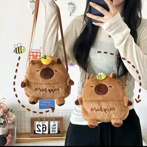 Cute Capybara Crossbody Bag | Large Capacity Cartoon Zipper Shoulder Bag Plush with Adjustable Strap Storage Bag