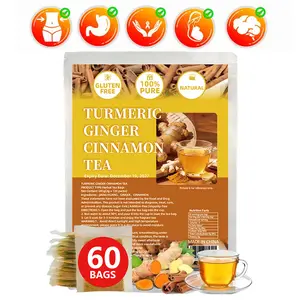 Premium Turmeric Ginger Cinnamon Tea Bags, 60/120 Eco-Friendly Bags, Sugar-Free Caffeine-Free Vegan Formula, Natural Loose Leaf, Soothing Anti-Inflammatory Herbal Beverage