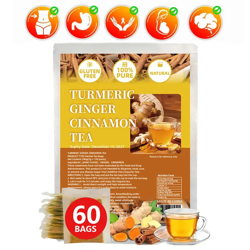 Premium Turmeric Ginger Cinnamon Tea Bags, 60/120 Eco-Friendly Bags, Sugar-Free Caffeine-Free Vegan Formula, Natural Loose Leaf, Soothing Anti-Inflammatory Herbal Beverage
