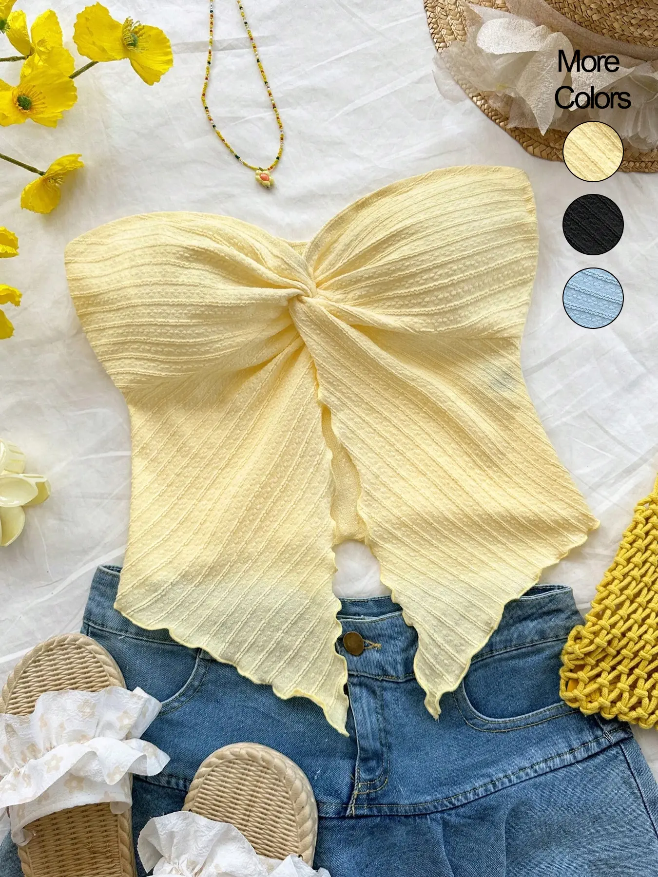 Women's Solid Textured Twist Front Tube Top, Casual Elegant Sleeveless Ruffle Trim Crop Top, Cropped Tank Top for Summer, Beachy Tops, Casual Chic Sleeveless, Fashion Women's Top for Beach Holiday Vacation, Womenswear