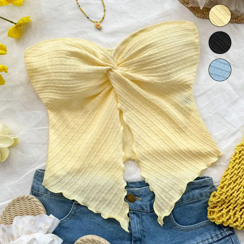 Women's Solid Textured Twist Front Tube Top, Casual Elegant Sleeveless Ruffle Trim Crop Top, Cropped Tank Top for Summer, Beachy Tops, Casual Chic Sleeveless, Fashion Women's Top for Beach Holiday Vacation, Womenswear