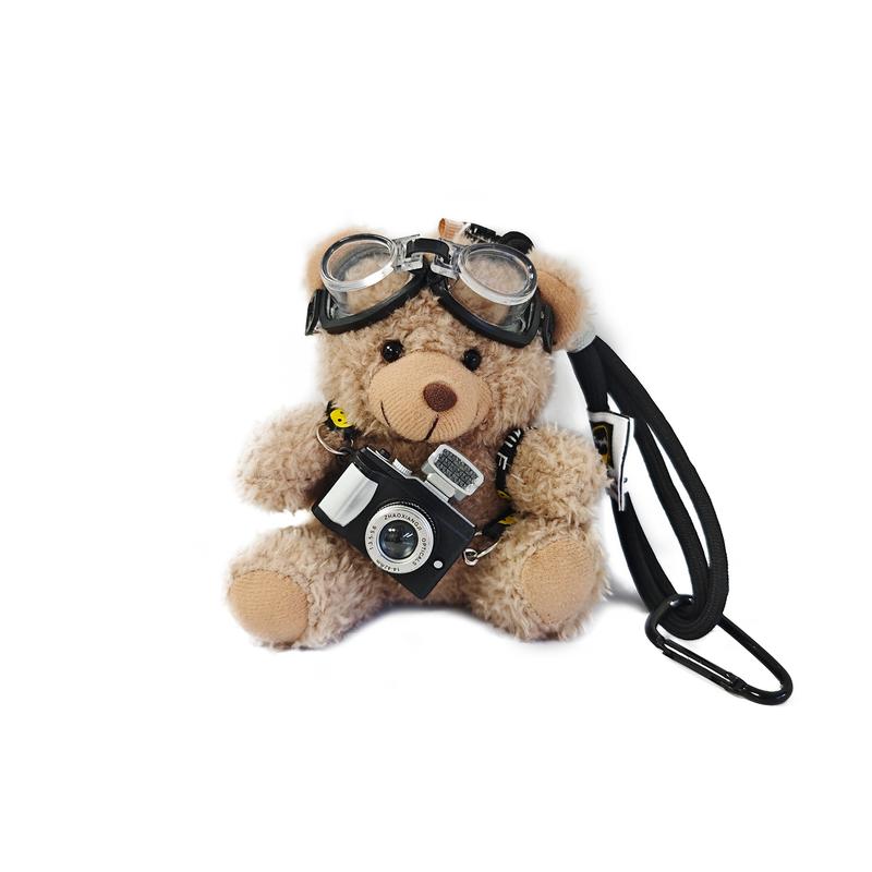 Cute Bear Bag Charms Plush Keychain with Flash Camera & Glass for Handbags Purses Totes Backpacks