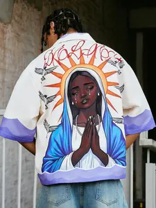 Oversized Streetwear Graphic Casual Button-Up Shirt – Unique Virgin Mary Artistic Print, Unisex Aesthetic Short Sleeve Top for Summer Festival & Daily Urban Style