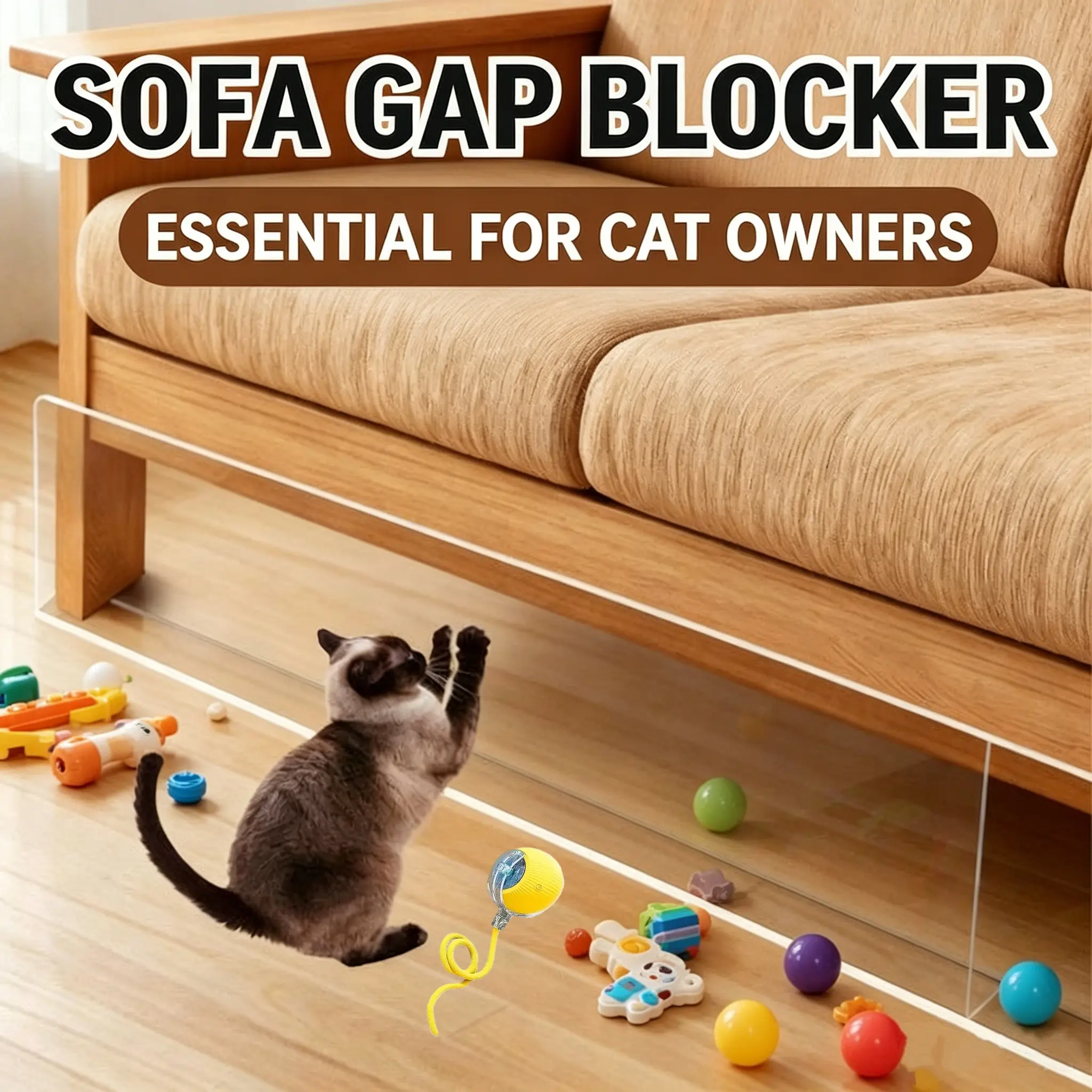 Clear PVC Furniture Gap Blocker - Pet Proof & Toy Stop for Sofa, Bed, Cabinet, No Drill Install