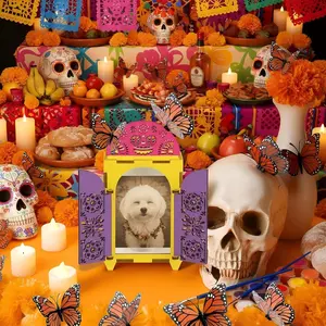 27 Pcs Dia De Los Muertos Ofrenda Altar Decorations, Day of the Dead Wooden Shadow Box with Picture Frame Marigold LED Candles Painting Kit for DIY Altar Ofrenda Remembrance Supplies
