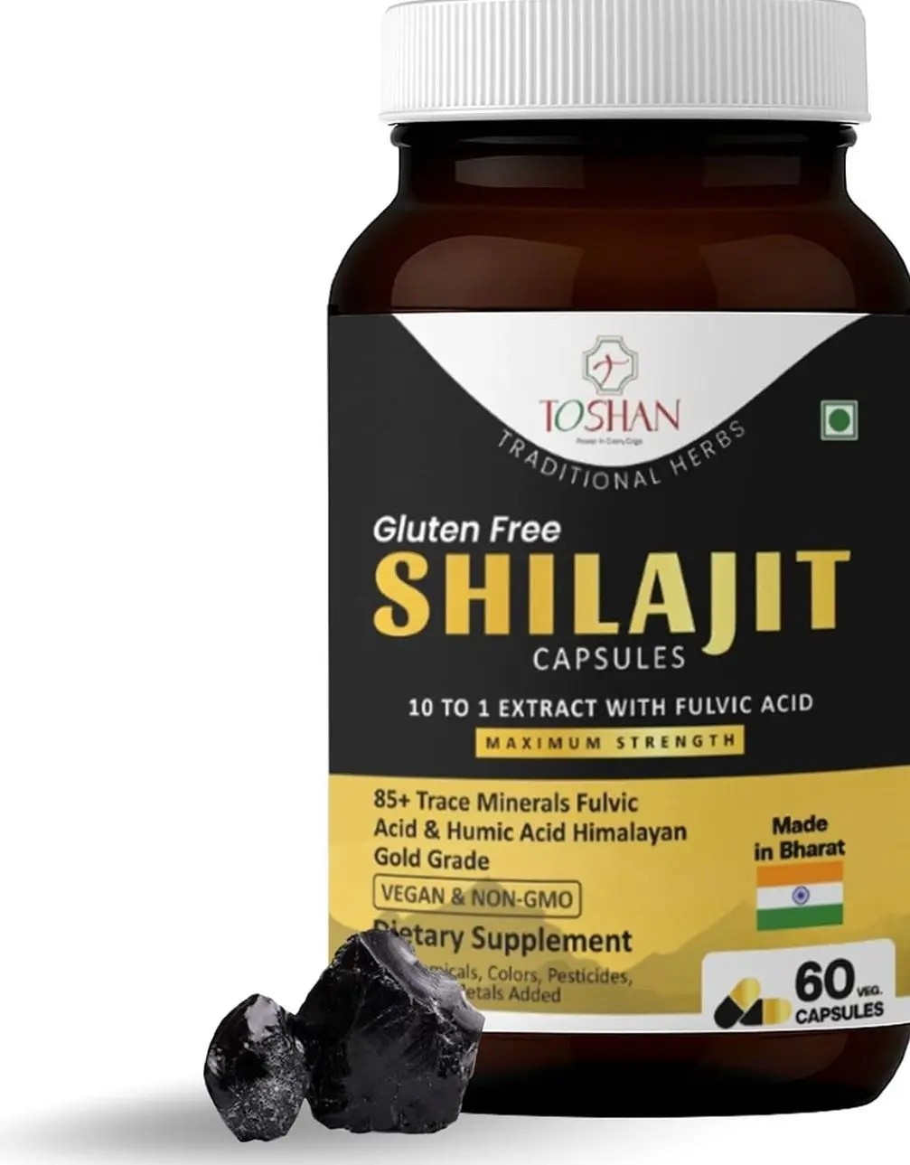 TOSHAN Himalayan Shilajit Capsules 500mg - 10:1 Shilajit Extract with Over 20% Fulvic Acid & Humic Acid - 85+ Trace Minerals for Natural Support - Maximum Strength, Vegan, Non-GMO - 60 Veg Capsules