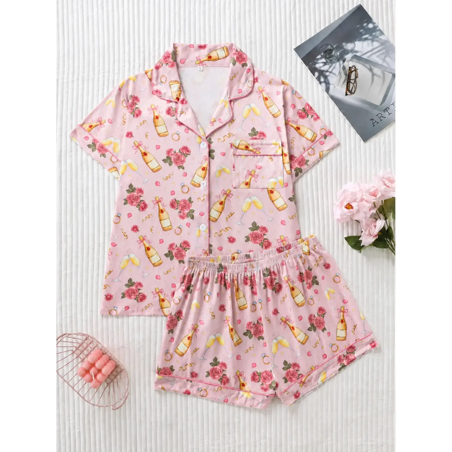 Women's Sweet Rose Wine Bottle Print Pajama Set, Ultra-Soft Fabric, Skin-Friendly Comfort, Relaxed Fit Button-Up Top and Shorts