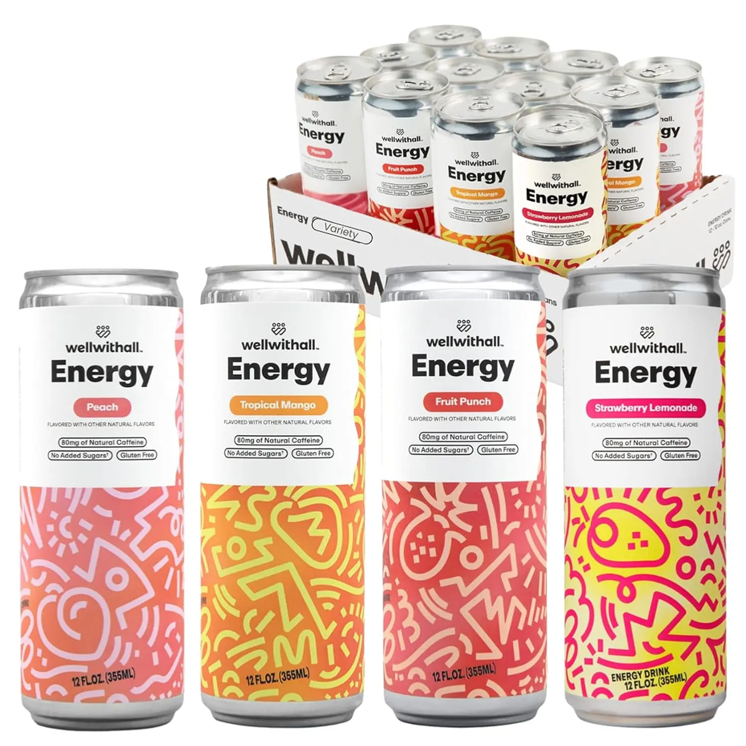 WellWithAll Energy Drink Variety Pack – Fruit Punch, Tropical Mango, Peach, and Strawberry Lemonade Flavors – Caffeine from Tea – With Vitamin C – Lightly Sparkling Beverage – Fruit & Veggie Juice Blend – 12 Oz (Pack of 12 – 3 Cans of Each Flavor)