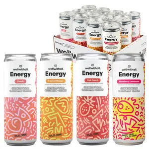 WellWithAll Energy Drink Variety Pack – Fruit Punch, Tropical Mango, Peach, and Strawberry Lemonade Flavors – Caffeine from Tea – With Vitamin C – Lightly Sparkling Beverage – Fruit & Veggie Juice Blend – 12 Oz (Pack of 12 – 3 Cans of Each Flavor)