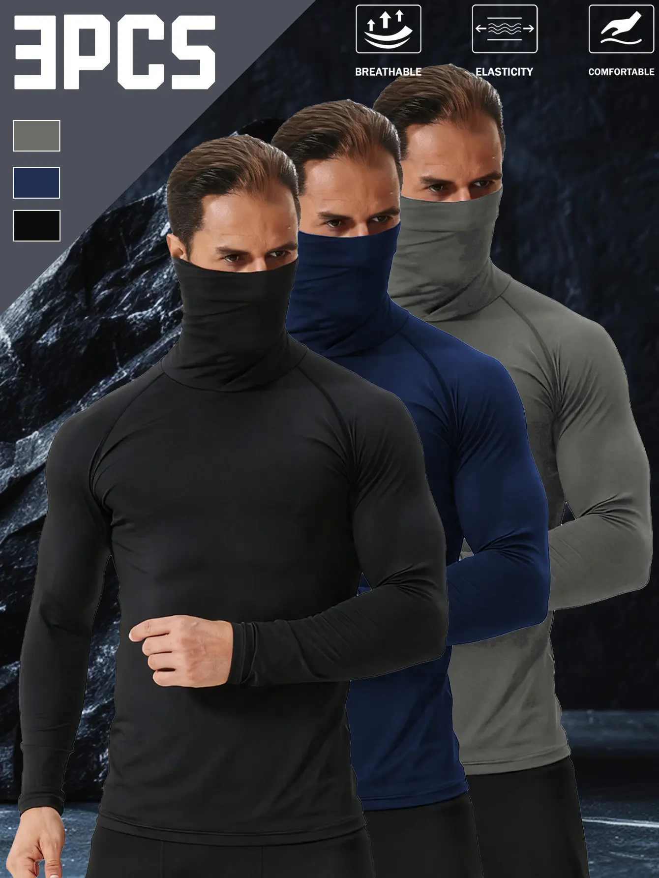 3-Piece Set of Men's Sun-Protective Sportswear with Face Mask - Lightweight, High-Elastic Compression Sportswear, Suitable for Running and Fitness.