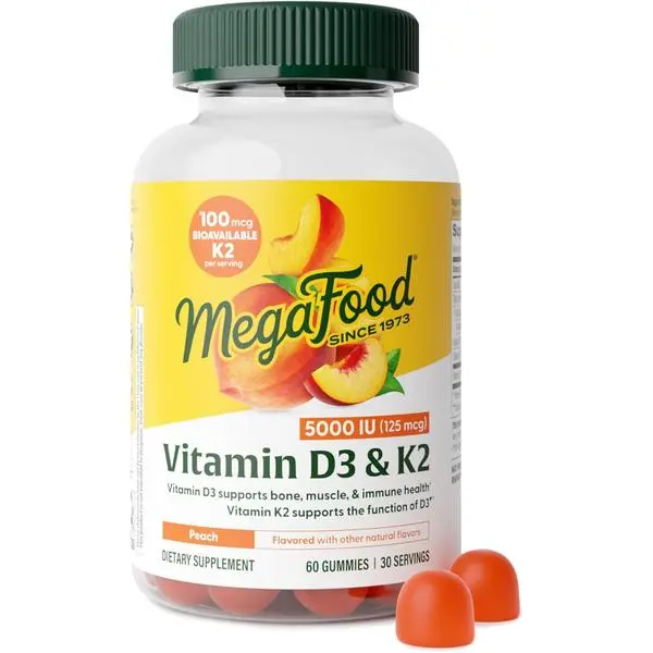 MegaFood Vitamin D3 K2 Gummies - Vitamin D 5000 IU for Bone & Immune Health Plus Support for Optimal Calcium Absorption - Peach Flavor, Pectin Based - 60 Vegetarian D3 and K2 Supplements, 30 Servings