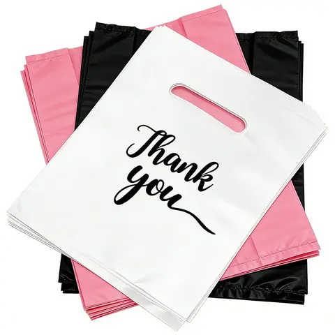 100pcs 20x15cm Plastic "Thank You" Gift Bags Bulk, Reusable Handheld Tote Bags, Practical Party Favor Bags, Goody Bags for Birthday, Wedding Favors, Baby Shower, Small Gift Storage & Retail Packaging, Goodie Bags