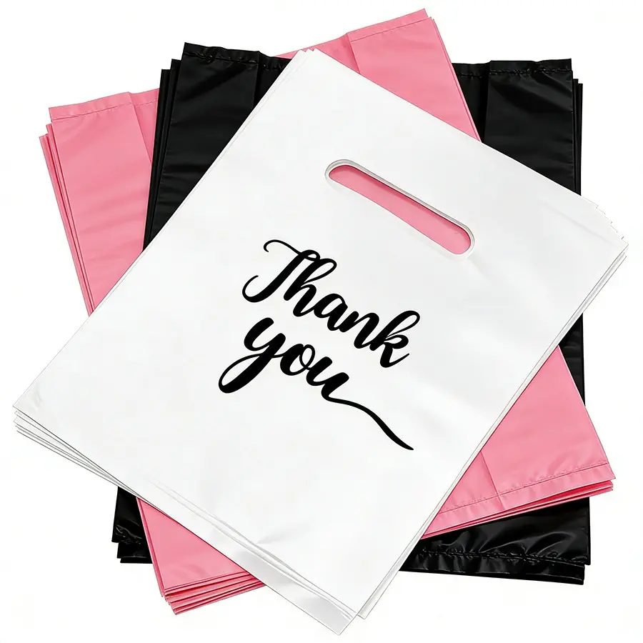 100pcs 20x15cm Plastic "Thank You" Gift Bags Bulk, Reusable Handheld Tote Bags, Practical Party Favor Bags, Goody Bags for Birthday, Wedding Favors, Baby Shower, Small Gift Storage & Retail Packaging, Goodie Bags