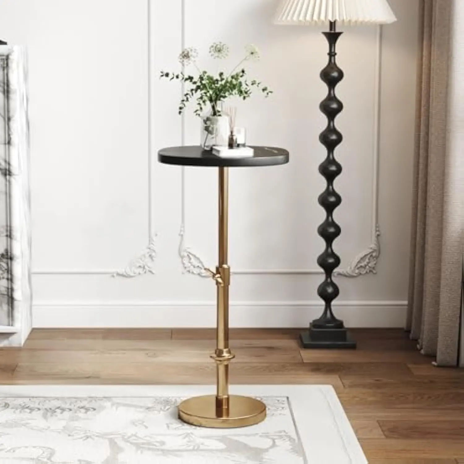 Adjustable-Height Marble Drink Table - 11.8" Top, 21.7"-29.6" Tall, Black Marble & Antique Bronze, Modern Round End Table, Double-Tier Side Table with Pedestal Stand for Small Spaces, Vintage Metal Martini Cocktail Accent, Summer Deal