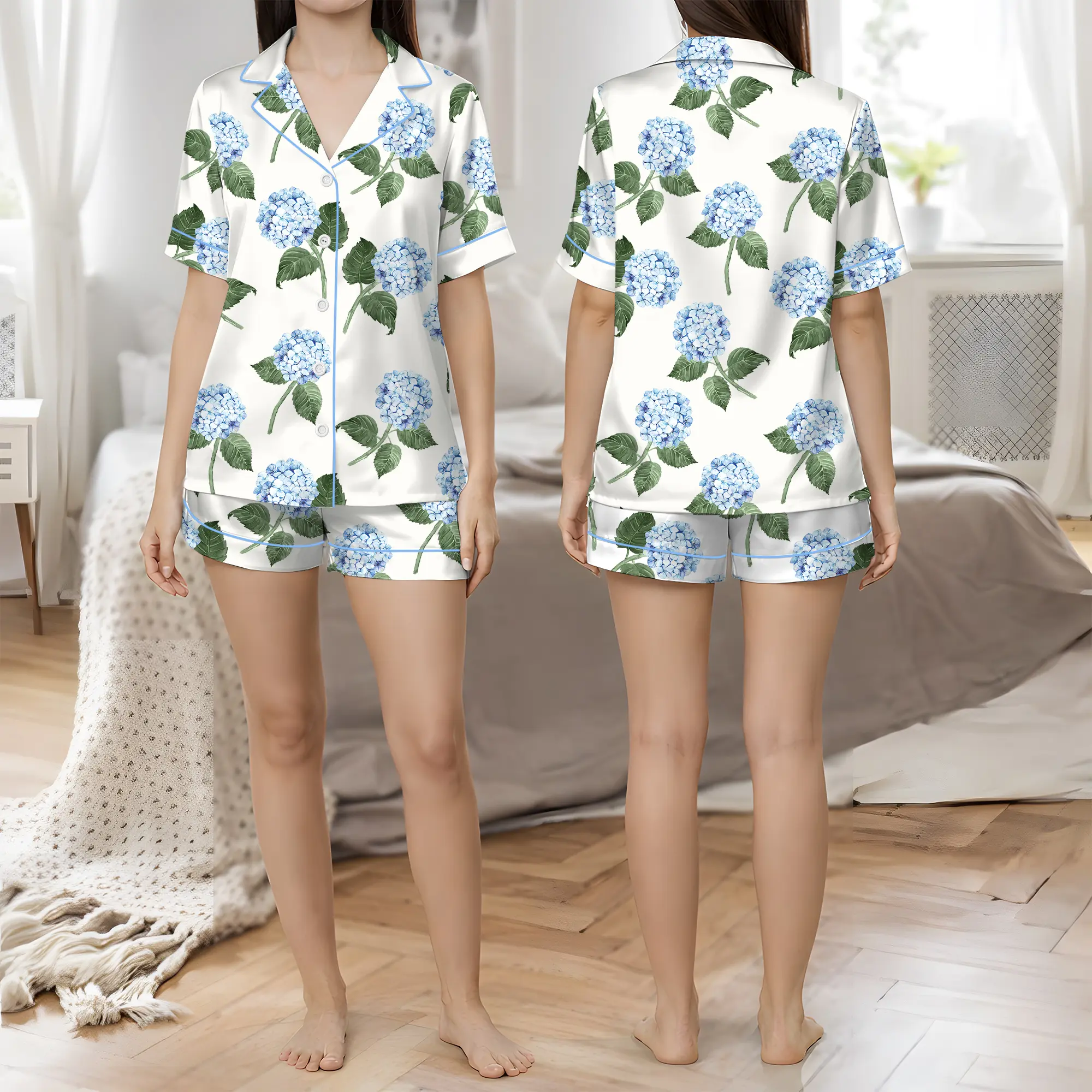 Women's Silky Satin 2-Piece Pajama Set - Blue Hydrangea Floral Print Short-Sleeve Top, Elastic Adjustable Pants with Pockets, Elegant Sleepwear Loungewear, Nightwear, Shortsleeve, Elegance, Breathable, Drawstring, Fabric