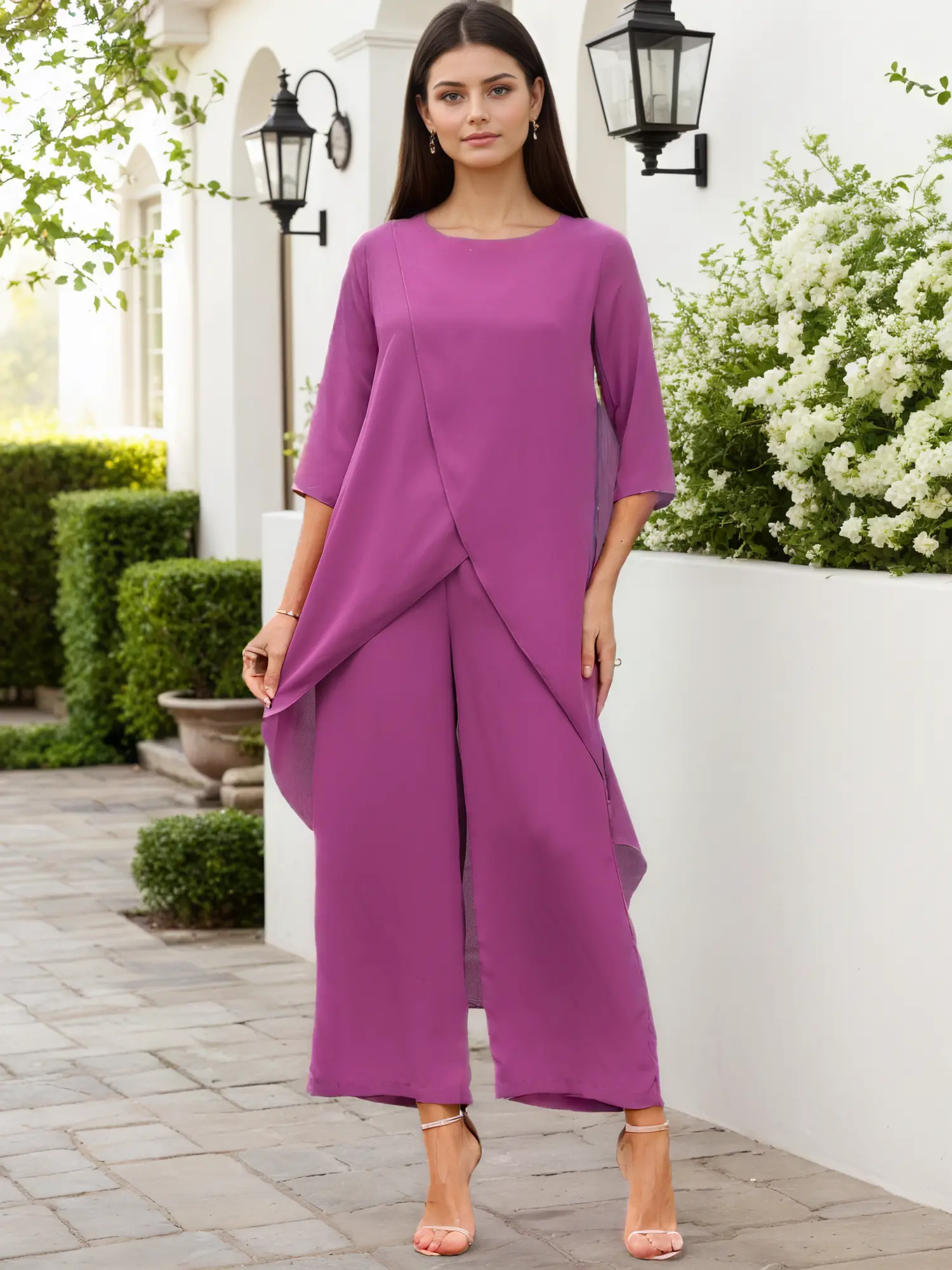 INSPIRE CHIC Women's 2pcs Chiffon Sets Summer Dressy Pantsuits High Low Top Pants Set Formal Wedding Guest Outfit