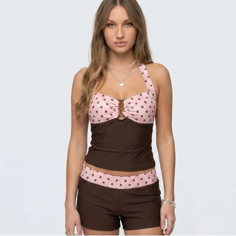 Retro Polka Dot Halter Tankini Set - Coffee Brown & Pink