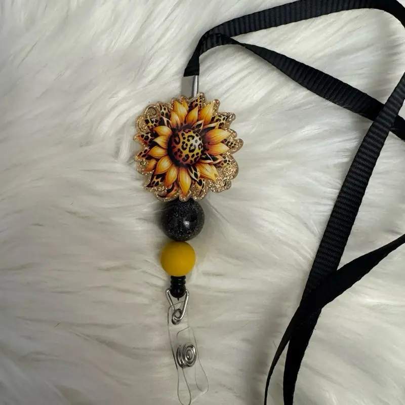 Sunflower Badge Reel Lanyard with Leopard Print Flower and Yellow Bead for Easy Access and Style