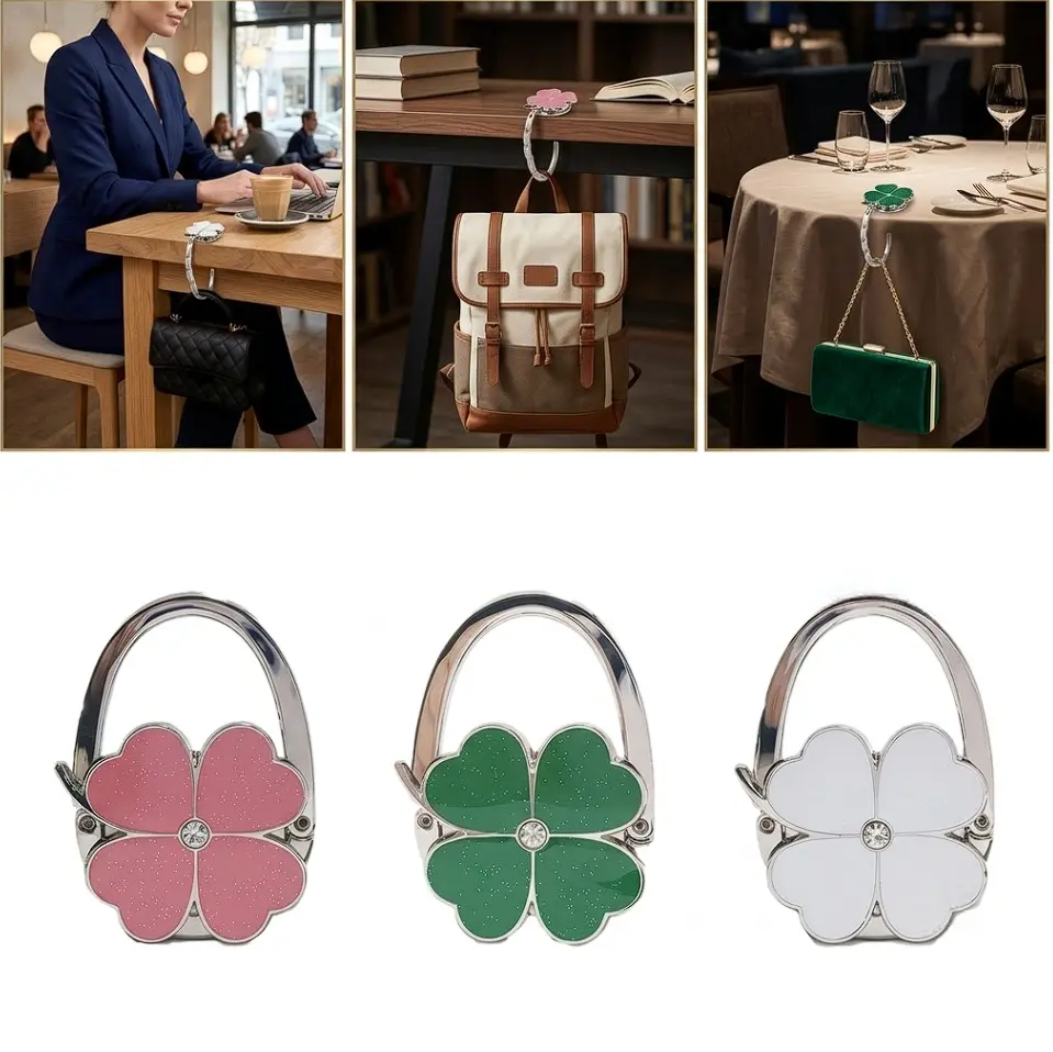 Clover Design Foldable Bag Hanger - Bag Accessories, Compact Carry Purse Hook for Tables Desks, Convenient Storage Portable Holder, Handbag Hanger