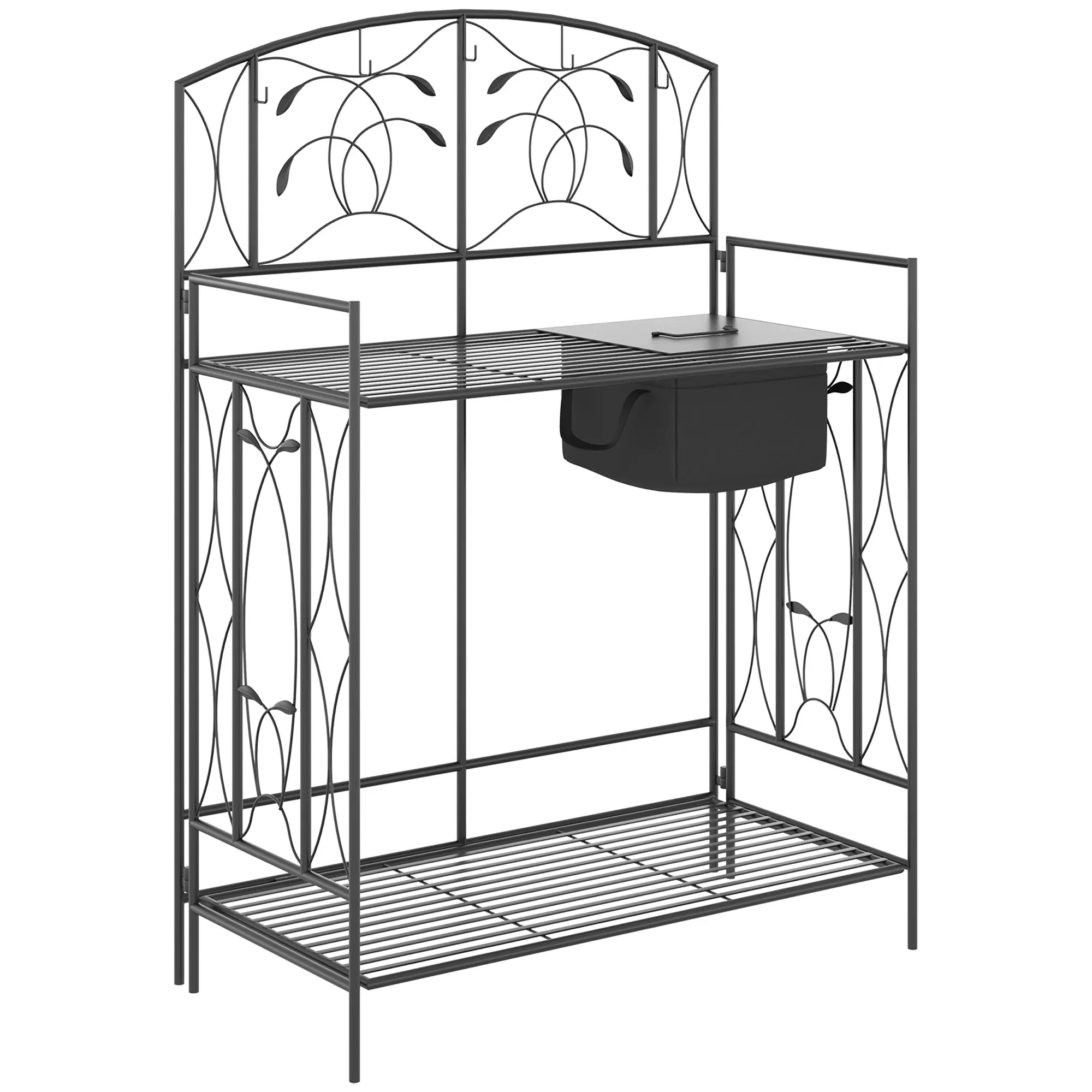 Outsunny Folding Potting Bench Table, Metal Garden Workstation, Work Bench with Large Built-in Bag with Cover, 5 Hanging Hooks & Storage Shelf, Leaf Pattern